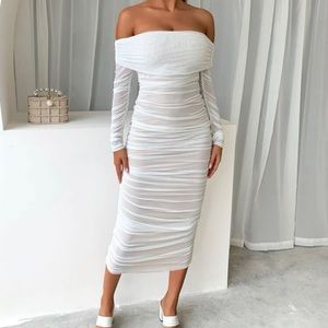 White Off Shoulder Ruched Mesh Bodycon Dress